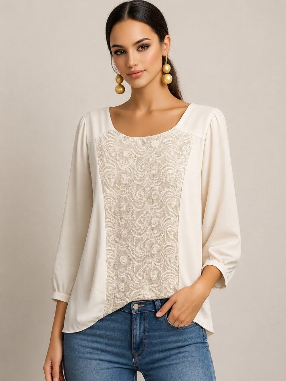 Maje Cream Lace-Front Long Sleeve Blouse - Picture 14 of 15